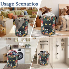 Cute Funny Black Cat Laundry Basket,Oxford Cloth Flower Laundry Hamper With Handle Foldable Portable Clothes Storage Basket for Laundry Room/Bedroom/Bathroom 20.8