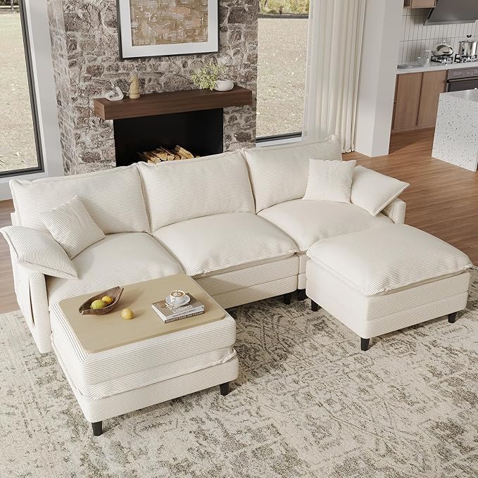 108" U Shaped Modular Sectional Cloud Couch with Two Ottoman, Snap-on Easy Installation 5-Piece Deep Seat Sofas with Storage Bag and Coffee Table for Living Room, Corduroy, Beige
