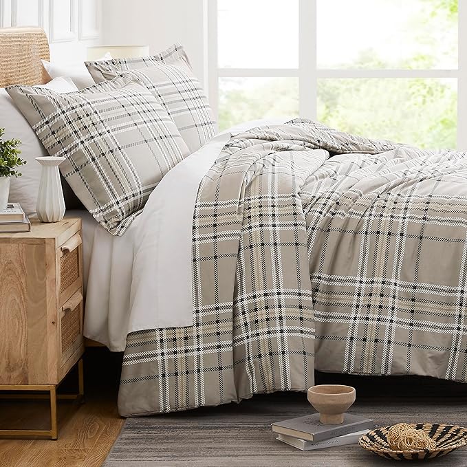 Southshore Fine Living, Inc. Oversized Plaid Duvet Cover Queen Size/Full Size, Checkered Bedding Set, 1 Full/Queen Duvet Cover Set, 2 Pillow Shams Standard Size - Vilano Plaid Mocha