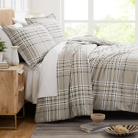 Southshore Fine Living, Inc. Oversized California King/King Duvet Cover Set – Hotel Quality, Easy Care, Fade-Resistant Bedding – Includes 1 Duvet Cover and 2 Pillow Shams, Vilano Plaid Mocha