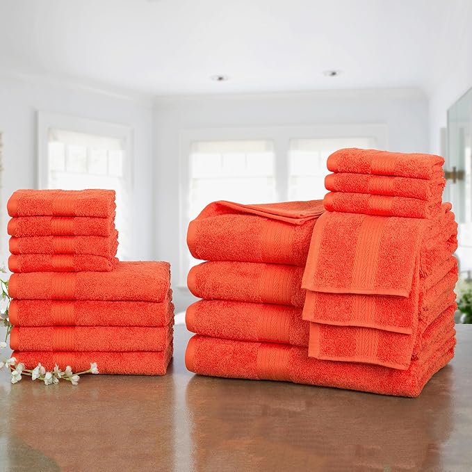 Ample Decor Bathroom Towel Set of 18-4 Hand Towel, 4 Bath Towel, 10 Wash Cloths - Oeko Tex Certified 600 GSM 100% Cotton - High Absorbency Quick Drying, Ideal for Gifting - Orange