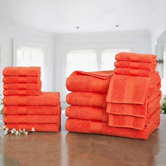 Ample Decor Bathroom Towel Set of 18-4 Hand Towel, 4 Bath Towel, 10 Wash Cloths - Oeko Tex Certified 600 GSM 100% Cotton - High Absorbency Quick Drying, Ideal for Gifting - Orange