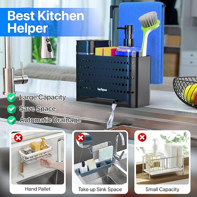 YAN & HIN Dish soap Dispenser with Sponge Holder, 5-in-1 High Brush Holder with Hand Soap & Dish Soap Dispensers - Perfect Kitchen Soap Dispenser Set, Includes Sponge, Dishcloth Bar