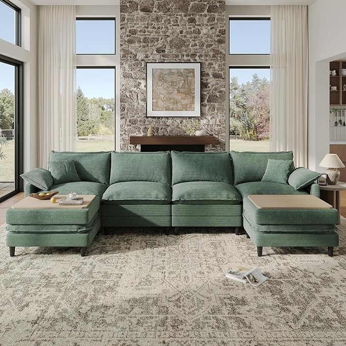 143" U Shaped Modular Sectional Cloud Couch with Two Ottoman, Snap-on Easy Installation 6-Piece Deep Seat Sofa with Storage Bag and Coffee Table for Living Room, Corduroy, Green