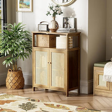 HITNET Rattan Bathroom Floor Cabinet, Freestanding Bamboo Storage Cupboard with 2 Doors, Living Room Sideboard, Space Saving, Walnut