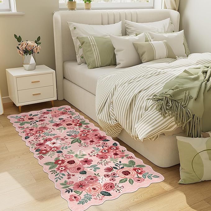 DUKINO 2x5 Washable Runner Rugs, Non Slip Floral Print Entryway Rug with Soft Low Pile, Lightweight Mat for Living Room, Bathroom, Bedroom, Kitchen, Pink