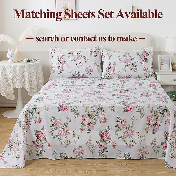FADFAY Duvet Cover Set Full Pink Rose Floral Bedding Shabby Peony Flower Quilt Cover Set Vintage Farmhouse Bedding 100% Cotton Soft Comforter Cover Set with Hidden Zipper Closure 3Pcs, Full Size