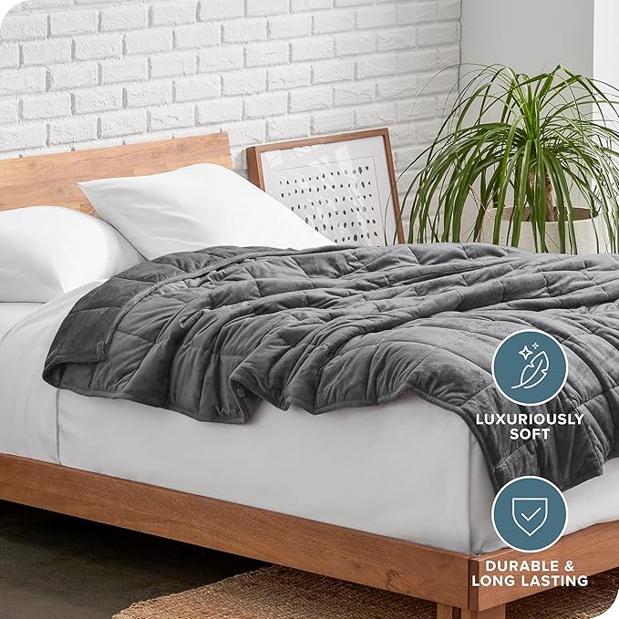 Bare Home Weighted Blanket Full or Queen Size 12lb (48" x 72") for Adults - Minky Fleece - Premium Heavy Blanket Nontoxic Glass Beads (Grey, 48"x72")