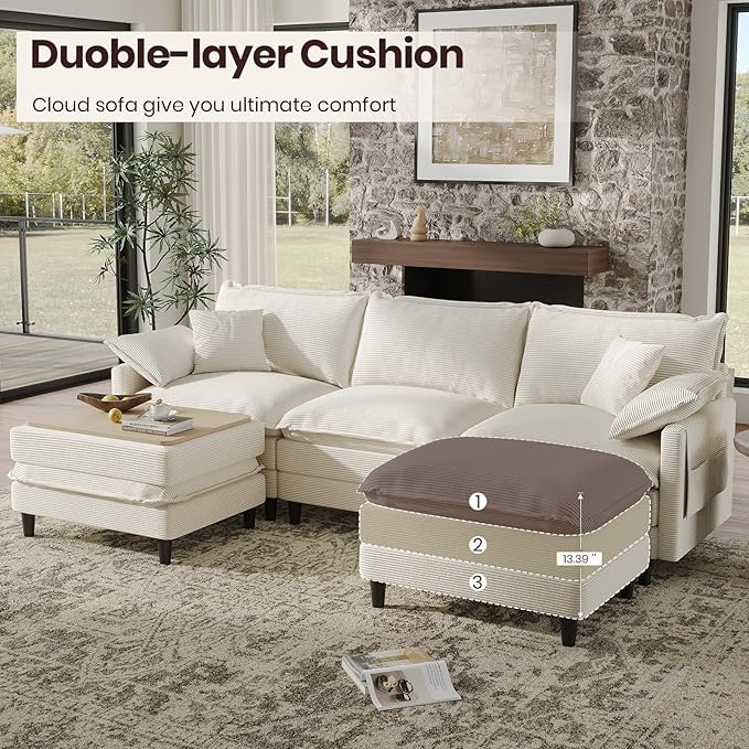 108" U Shaped Modular Sectional Cloud Couch with Two Ottoman, Snap-on Easy Installation 5-Piece Deep Seat Sofas with Storage Bag and Coffee Table for Living Room, Corduroy, Beige