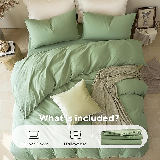 JELLYMONI Duvet Cover Twin Size - Washed Cotton Comforter Cover with Linen-Like Texture, Breathable & Soft Bedding for Modern Home,Guest Room and Everyday Use,Mint Green 1 Duvet Cover & 1 Pillowcase