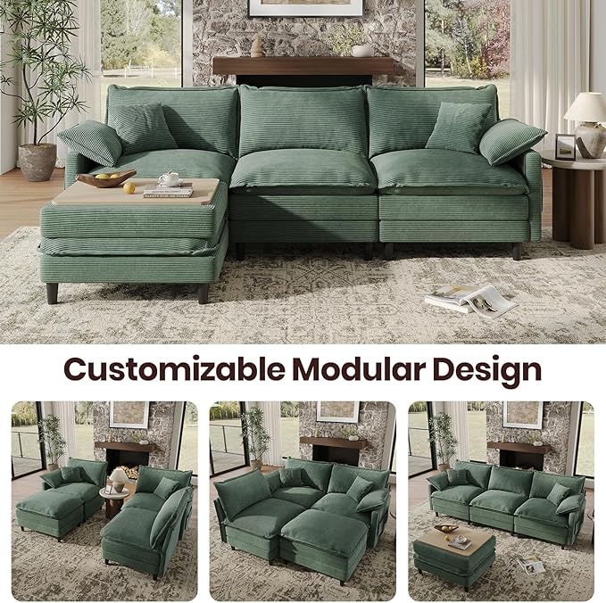 108" L Shaped Modular Sectional Cloud Couch with Ottoman, Snap-on Easy Installation 3 Seater Deep Seat Sofa with Storage Bag and Coffee Table for Living Room, Corduroy, Green