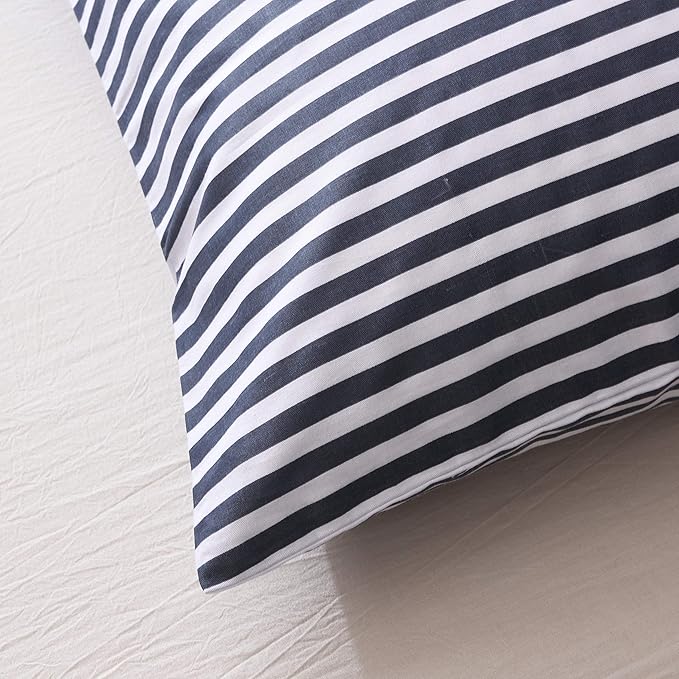 JELLYMONI 100% Natural Cotton 2pcs Striped Duvet Cover Sets,White Duvet Cover with Navy Blue Stripes Pattern Printed Comforter Cover,with Zipper Closure & Corner Ties(Twin Size)