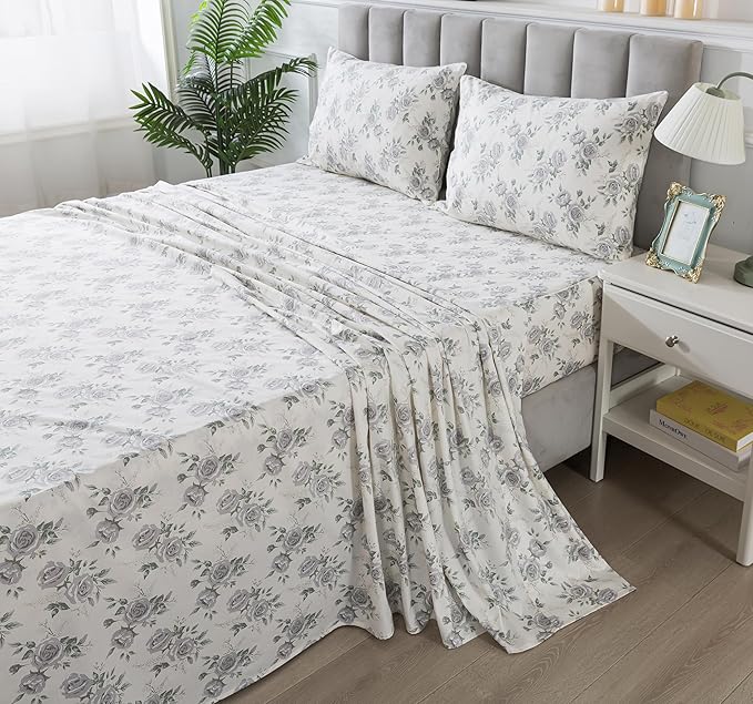 FADFAY Rose Sheets Set King Rustic Peony Floral Bedding Botanical Leaves Sheets Vintage Farmhouse Bedding 100% Cotton Ultra Soft Breathable Collection with Deep Pocket Fitted Sheet 4Pcs, King Size