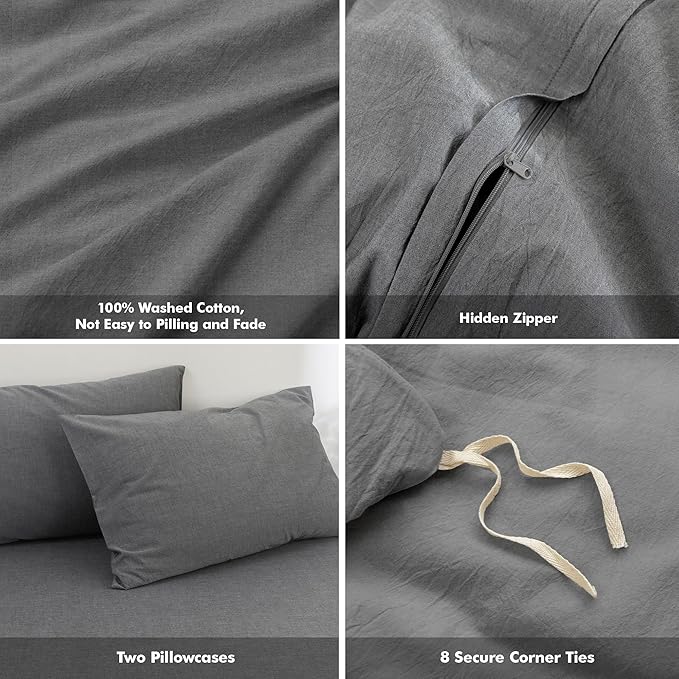 FOSSA Duvet Cover Set 100% Washed Cotton Linen Feel Super Soft Breathable Cozy 3 Pieces Bedding Sets Solid Dark Grey Queen