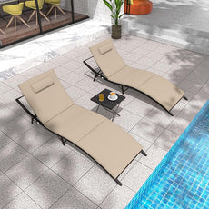 Patio Chaise Lounge Set 3 Pieces Pool Lounge Chairs,Cushioned Outdoor Folding Lounge Chair w/Rattan Adjustable Backrest for Poolside Porch,Folding Table Included,Sand
