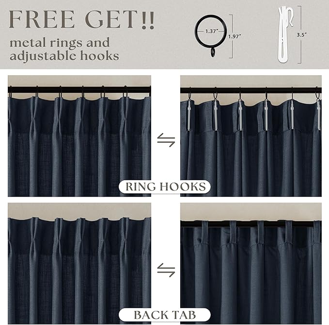 Navy 90 Inch Linen Curtains Pinch Pleated for Living Room Bedroom Dining Boho Modern Light Filtering Pinch Pleat Drapes Hooks Rings Back Tab Semi Sheer Dark Blue Indigo Window Curtains 2 Panels