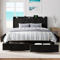 King Bed Frame with 4 Storage Drawers, Upholstered Platform Bed with Charging Station, Modern Wingback Storage Headboard, Easy Assembly,Noise-Free, Black