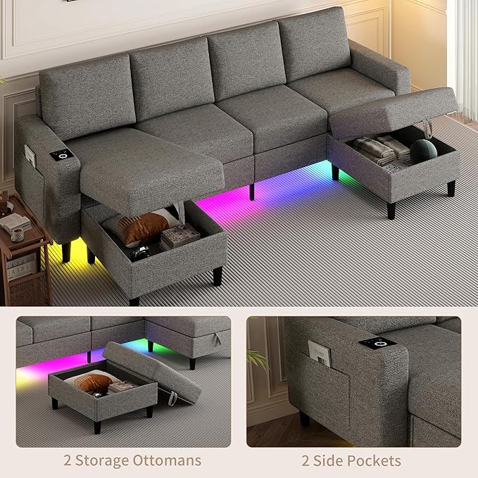 Sectional Couches for Living Room, 4 Seat Sectional Sofa with Smart Module-Wireless Charging/USB/Type-C/RGB Light, U Shaped Couch with Reversible Chaise Lounge/Storage Ottoman (Light Grey)