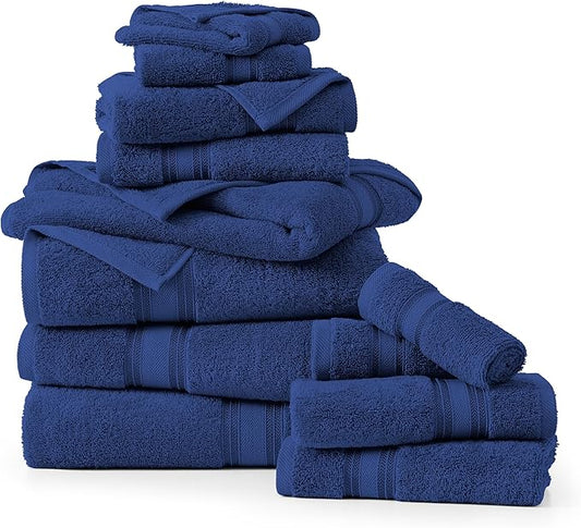 LANE LINEN 100% Mercerized Cotton Towels Set 12 – Zero Twist, 4 Bath Towels, 4 Hand Towel & 4 Washcloths, Stays Plush After Washes, Ideal for Spa, Hotel & Family Bathrooms, Highly Absorbent – Navy