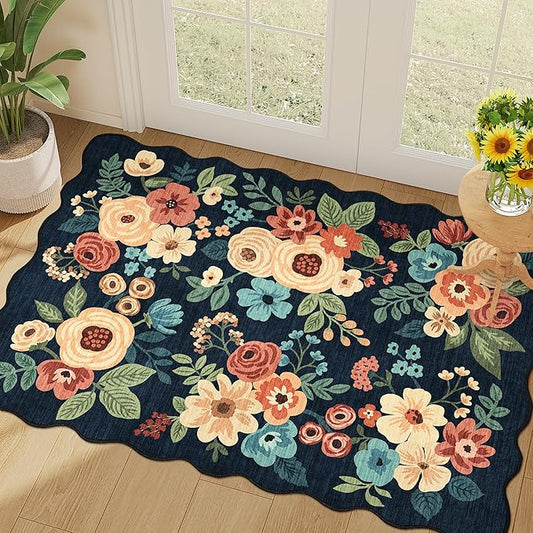 DUKINO 2x3 Entryway Rug, Floral Washable Indoor Door Mat with Non-Slip Backing, Soft Low Pile Small Front Door Throw Rugs for Entryway, Kitchen, Bedroom, Laundry, Bathroom, Navy Blue