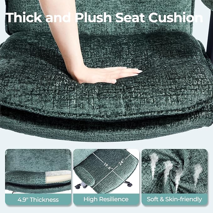 Criss Cross Chair with Flip-Up Arms and Lockable Wheels, Plush Fabric Cross Legged Office Desk Chair,Wider 125°Tilting Adjustable Swivel Computer Chair for Home, Apartment, Bedroom,Green