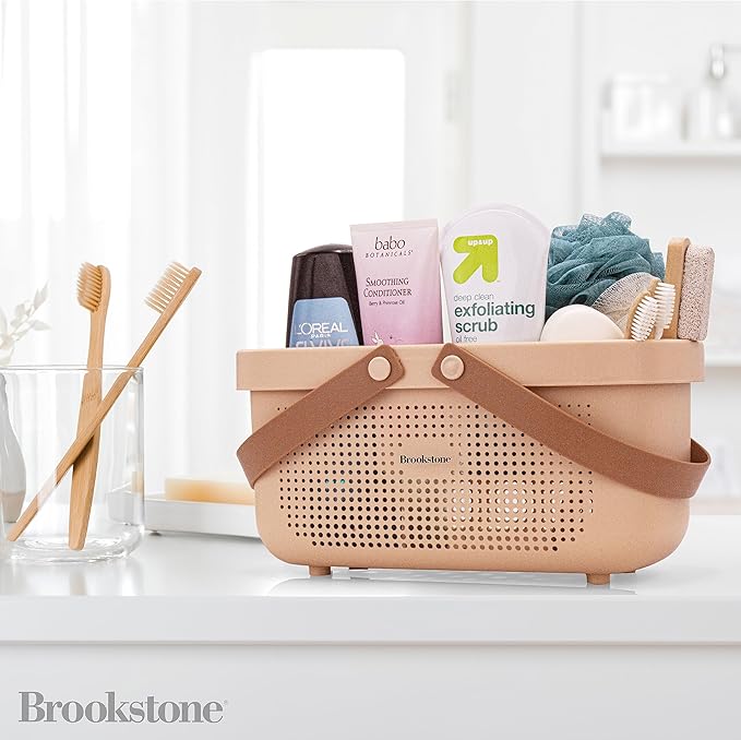 Brookstone BKH1634, Large Portable Shower Caddy with Soft Silicone Carrying Handle, Bathroom Organizer Basket, Plastic Bath Tote, Dries Quickly with Drainage Holes [BPA Free], Blush Color