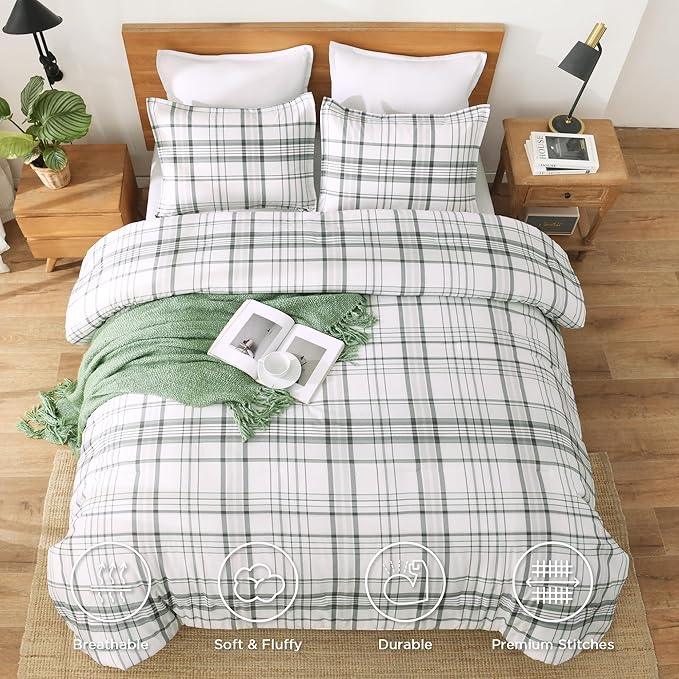 Andency Green White Plaid Comforter Set Queen(90x90Inch), 3 Pieces Preppy Grid Gingham Stripes Bedding Comforter Sets for Boys Girls Kids, Green Line Soft Lightweight Geometric Reversible Bed Set