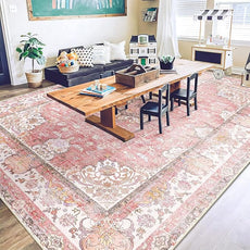 9'x12' Area Rugs Washable,Large Pink Rug for Living Room Bedroom Dining Room,Boho Vintage Bohemian Distressed Oriental Carpet Non Slip,Blush Floral Flowers