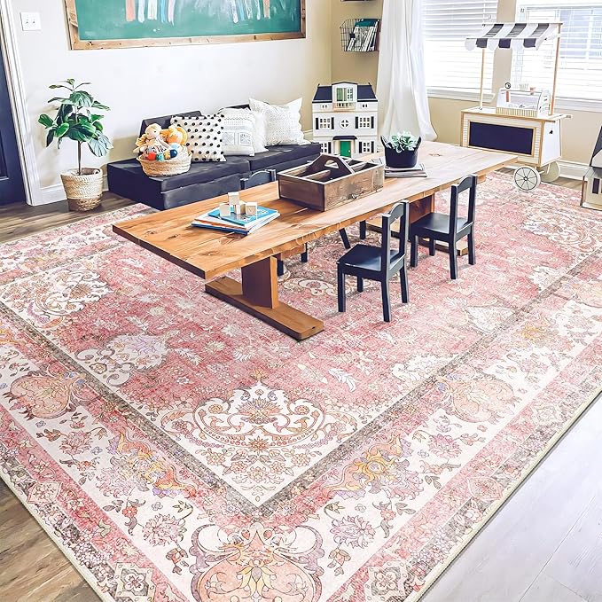 9'x12' Area Rugs Washable,Large Pink Rug for Living Room Bedroom Dining Room,Boho Vintage Bohemian Distressed Oriental Carpet Non Slip,Blush Floral Flowers