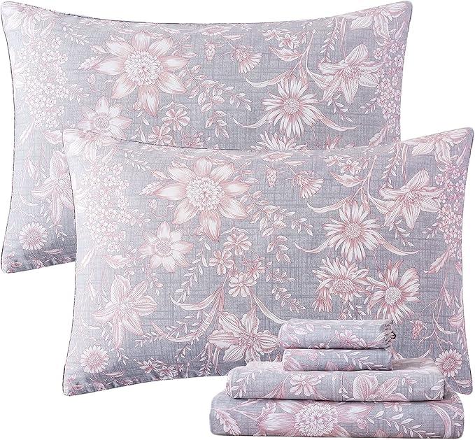 FADFAY Sheets Set King Shabby Pink and Grey Floral Bedding Vintage Sunflower 600TC Elegant Summer 100% Cotton Super Soft Hypoallergenic Deep Pocket Bed Sheets Set, 4Pcs-King Size
