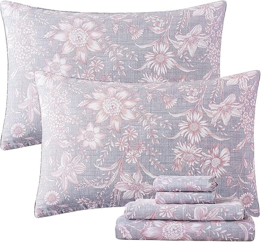 FADFAY Sheets Set King Shabby Pink and Grey Floral Bedding Vintage Sunflower 600TC Elegant Summer 100% Cotton Super Soft Hypoallergenic Deep Pocket Bed Sheets Set, 4Pcs-King Size
