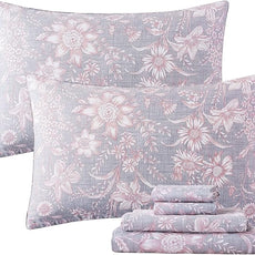 FADFAY Sheets Set Twin XL Shabby Pink and Grey Floral Bedding Vintage Sunflower Bedding 600TC Elegant Summer Sheets 100% Cotton Super Soft Deep Pocket Bed Sheets Set, 4Pcs-Twin XL Size for Dorm Room