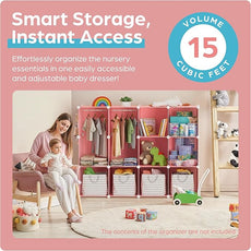 Baby Closet Organizer for Nursery - Durable Baby Wardrobe Armoire for Closet - Customizable Dresser Shelves - Waterproof Shelf Clothes Organizer w/Wall Fixation (Pink)