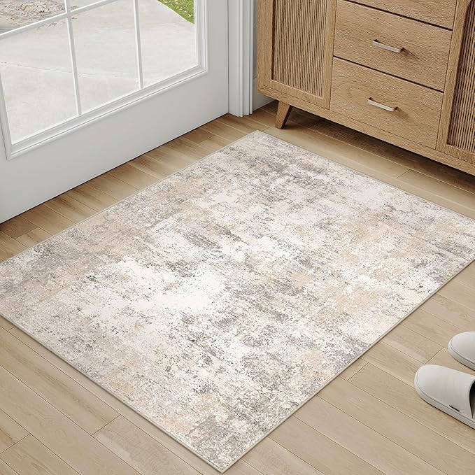 2x3 Washable Area Rug Beige Grey Abstract Entryway Kitchen Throw Rug Neutral Modern Non Slip Soft Low Pile Small Carpet for Bathroom Living Room Bedroom