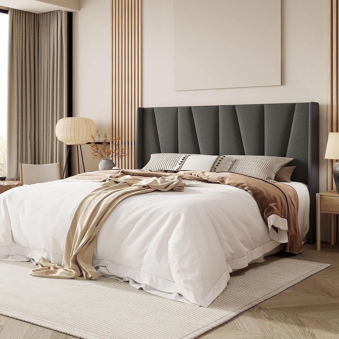 Allewie King Size Platform Bed Frame with Geometric Wingback Headboard, Boho Upholstered Bed with Wooden Slats Support, No Box Spring Needed, Easy Assembly, Dark Grey