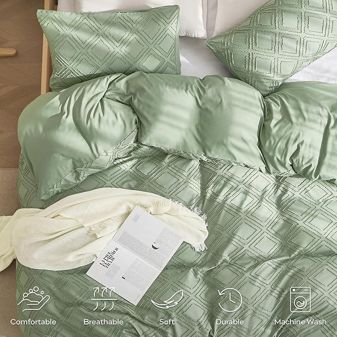 JELLYMONI Duvet Cover King Size Light Green - 3PCS Boho Duvet Cover Set Plaid Polyester Tufted Bohemian Jacquard Knit Textured Comforter Cover 104×90in Rhombic Geometric Pattern Zipper Corner Tie