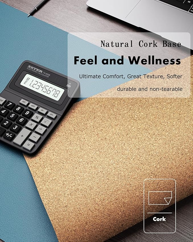 YSAGi Double-Sided Desk Pad, Leather Desk Mat, Eco Cork Desk Pad Protector, Large Mouse Pad for Desk, Waterproof Desk Blotter Pad, Desk Writing Pad for Office Work/Home(23.6"x13.7",Sea Blue+Cork)