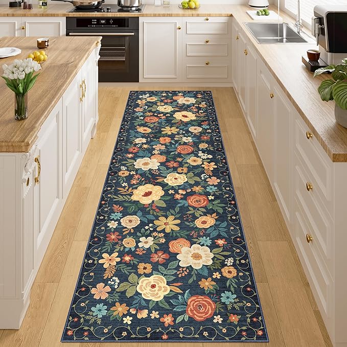 DUKINO 2x8 Runner Rug for Hallway, Washable Kitchen Runner Rug with Rubber Backing Non Slip, Low Pile Soft Boho Floral Thin Carpet for Entryway, Hallway, Bathroom, Laundry Room, Navy Blue