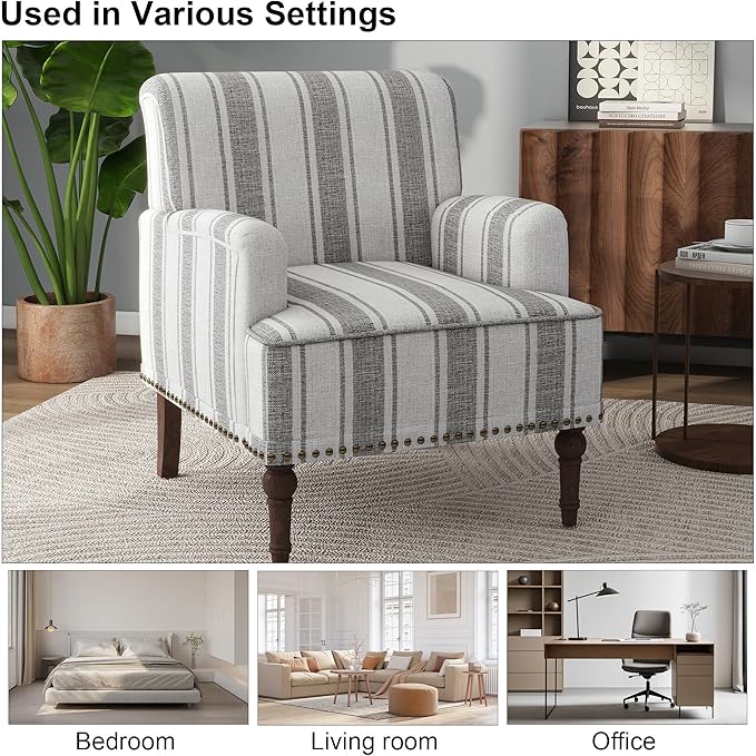 Accent Chair, Mid Century Modern Comfy Armchair for Living Room, Linen Fabric Single Sofa Lounge for Reading Bedroom Apartment Waiting Room with Wood Legs (Grey Stripe, Set of 2)