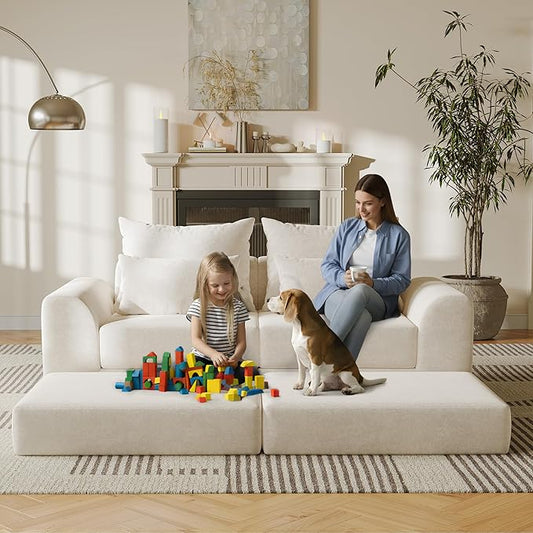 Modular loveseat with Ottoman, L-Shape Boneless Couch, Customizable Sectional Couch, Free Combination Design Sleeper Sofa, Cloud Mist