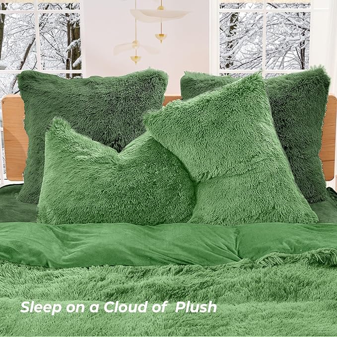 Sasttie 3-Piece Fluffy Duvet Cover King, Ultra Soft Faux Fur and Velvet Dark Green Comforter Cover, Luxury Fuzzy Bedding Sets for Winter Bed, Includes 1 Duvet Cover and 2 Pillowcases, No Comforter