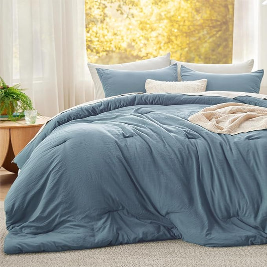 Bedsure Super King Plus Size Comforter Set, Grayish Blue Soft Prewashed Bedding for All Seasons, 3 Pieces GentleSoft™ Bed Set, 1 Lightweight Comforter (128"x120") and 2 Pillowcases (20"x36")