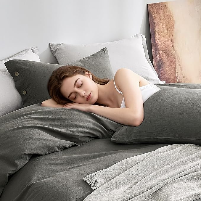 JELLYMONI 100% Washed Cotton King Pillowcases Set, 2 Pack Linen-Like Texture Breathable Pillow Covers with Button Closure,Deep Grey King 20"×36"(Pillows are not Included)