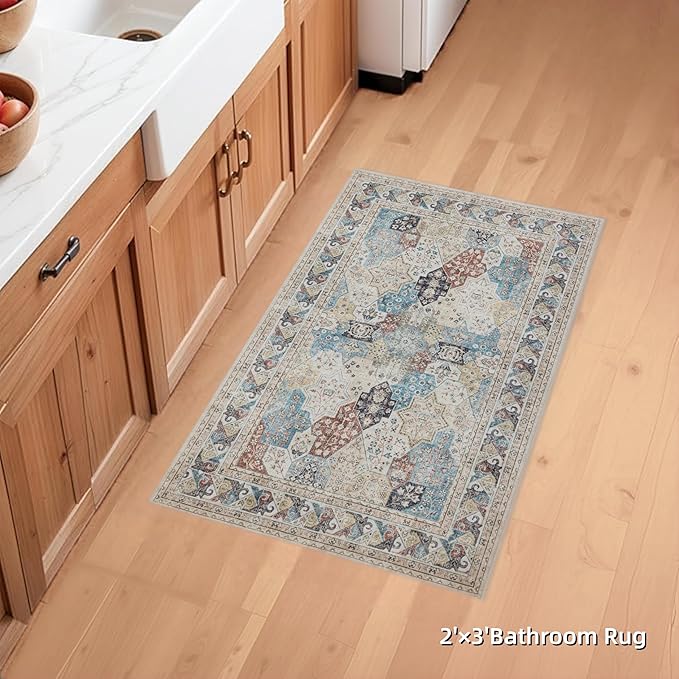 RCTJHOME 2'x3' Washable Entryway Rugs, Indoor Door Mat with 4 Non-Slip Tapes, Kitchen Bathroom Front Door Mat Indoor Entrance, Small Rugs and Mats, Cream Beige Blue Colorful