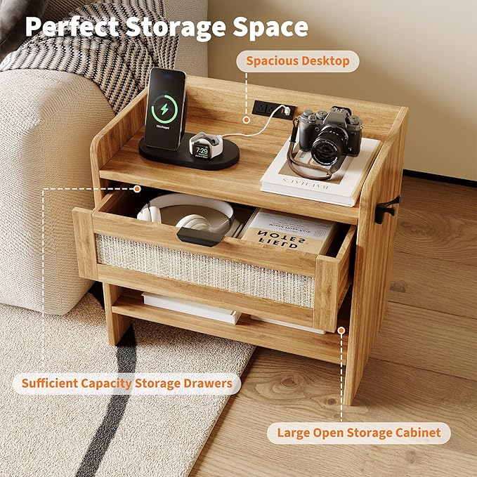 Rattan Nightstand Set of 2, Bedside Table with Type-C Charging Station - 1 Drawer & Open Storage Space, Boho End Table Side Table for Bedroom, Large Rattan Night Stand with Charging Port