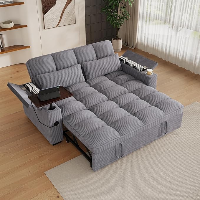65" Sofa Bed, Loveseat 3-in-1 Sleeper Sofa with Pull Out Bed, 360° Swivel Side Table and USB, 2 Seater Convertible Small Couch for Living Room Apartment (Gray, Corduroy)