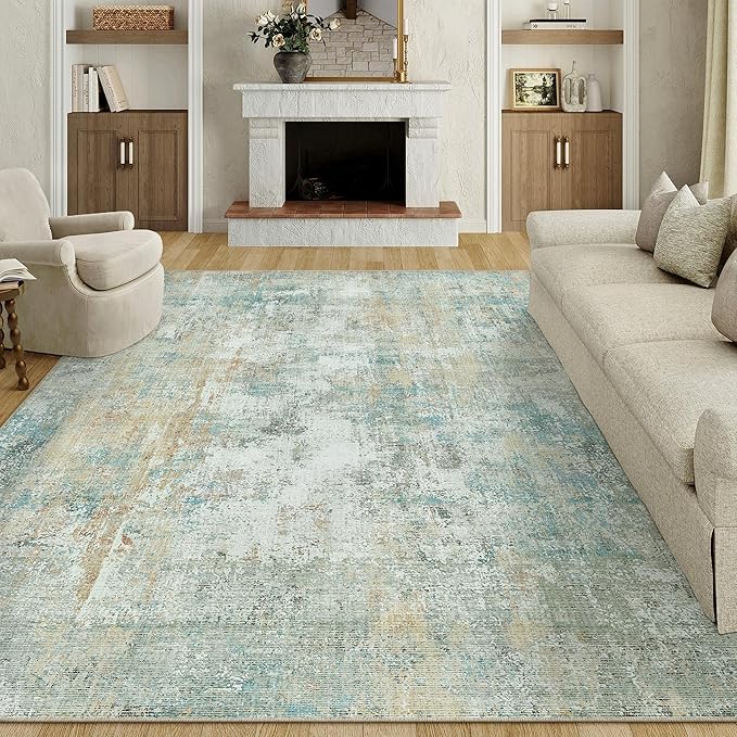 12x15 Area Rug Teal Beige Abstract Living Room Bedroom Washable Carpet Neutral Modern Non-Slip Soft Low Pile Lightweight Vacuumable Large Throw Rug for Dining Room