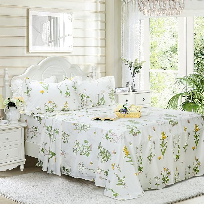 FADFAY Shabby Green Floral Sheet Set 100% Cotton Bed Sheet Set Green White Natural Hypoallergenic Bedding Set,4pcs-Queen