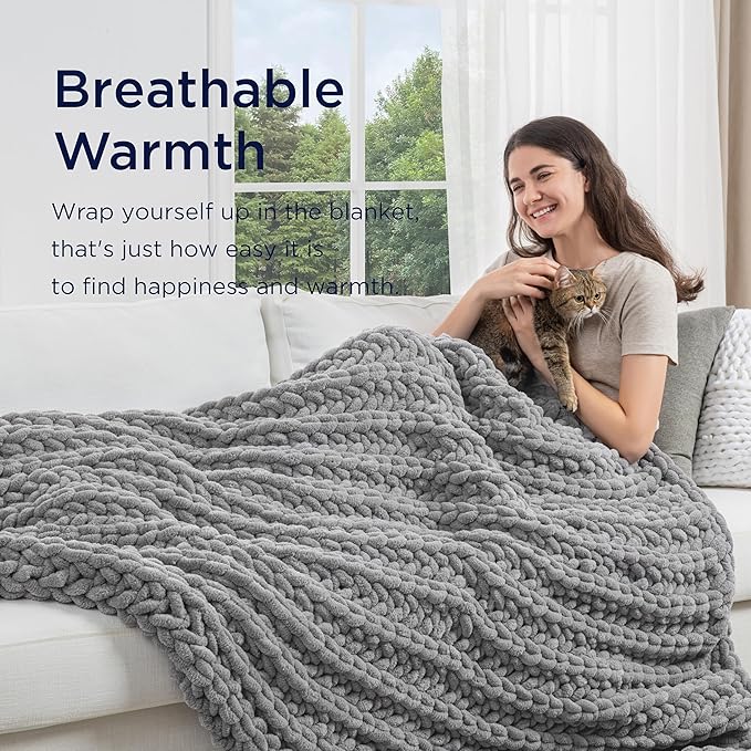 Maetoow Handmade 15 lb Soft Knitted Weighted Blanket, 72 x 48 in Breathable Chunky Knit Gravity Blanket Throw, Home Decor for Sofa Couch Bed, Light Grey