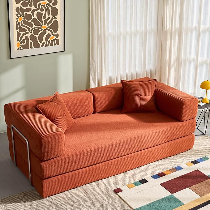 YINIX Foldable Sofa Bed, 78'' Folding Floor Couch, Compressed Convertable Sleeper Sofa, Memory Foam Couch with Pillow Back Support Armrest, 4-in-1 Futon Sofa Bed for Living Room, Orange